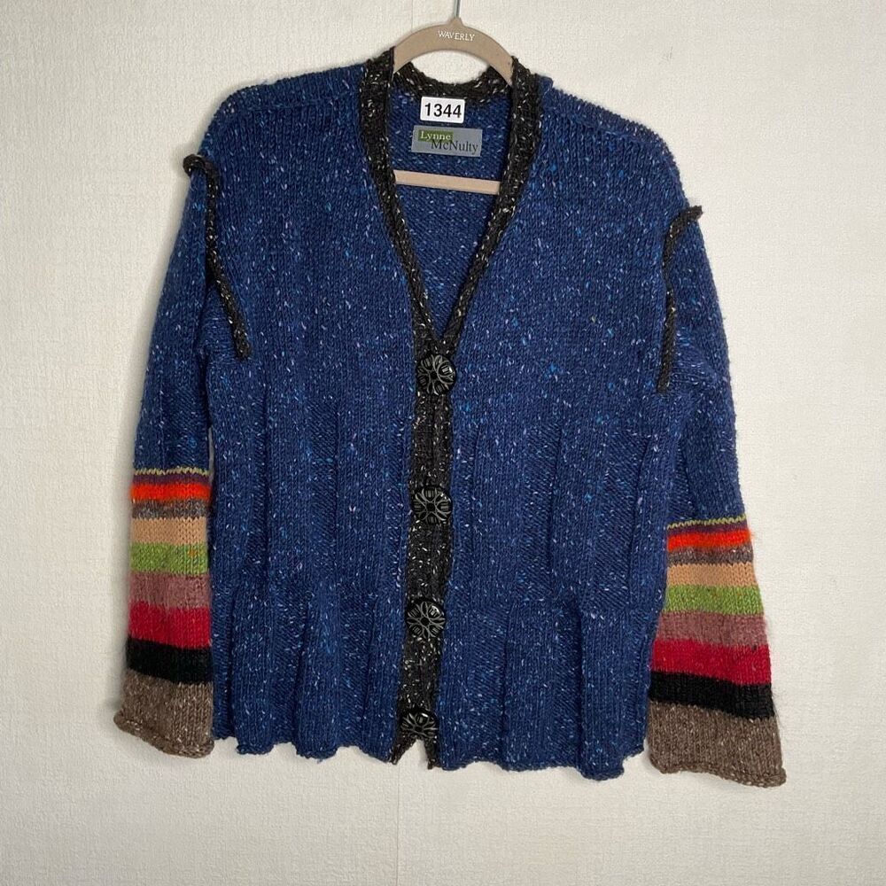 Lynne McNulty Cardigan Womens size L Knit Chunky Art Lagenlook Cottage Sweater